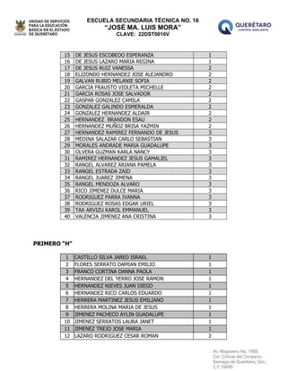 ESCUELA SECUNDARIA TÉCNICA NO. 16
“JOSÉ MA. LUIS MORA”
CLAVE: 22DST0016V
15 DE JESUS ESCOBEDO ESPERANZA 1
16 DE JESUS LAZARO MARIA REGINA 1
17 DE JESUS RUIZ VANESSA 2
18 ELIZONDO HERNANDEZ JOSE ALEJANDRO 2
19 GALVAN RUBIO MELANIE SOFIA 2
20 GARCIA FRAUSTO VIOLETA MICHELLE 2
21 GARCIA ROSAS JOSE SALVADOR 2
22 GASPAR GONZALEZ CAMILA 2
23 GONZALEZ GALINDO ESMERALDA 2
24 GONZALEZ HERNANDEZ ALDAIR 2
25 HERNANDEZ BRANDON ESAU 2
26 HERNANDEZ MUÑOZ BRISA YAZMIN 2
27 HERNANDEZ RAMIREZ FERNANDO DE JESUS 3
28 MEDINA SALAZAR CARLO SEBASTIAN 3
29 MORALES ANDRADE MARIA GUADALUPE 3
30 OLVERA GUZMAN KARLA NANCY 3
31 RAMIREZ HERNANDEZ JESUS GAMALIEL 3
32 RANGEL ALVAREZ ARIANA PAMELA 3
33 RANGEL ESTRADA ZAID 3
34 RANGEL JUAREZ JIMENA 3
35 RANGEL MENDOZA ALVARO 3
36 RICO JIMENEZ DULCE MARIA 3
37 RODRIGUEZ PARRA IVANNA 3
38 RODRIGUEZ ROSAS EDGAR URIEL 3
39 TAX ARVIZU KAROL EMMANUEL 3
40 VALENCIA JIMENEZ ANA CRISTINA 3
PRIMERO “H”
1 CASTILLO SILVA JARED ISRAEL 1
2 FLORES SERRATO DAMIAN EMILIO 1
3 FRANCO CORTINA DANNA PAOLA 1
4 HERNANDEZ DEL YERRO JOSE RAMON 1
5 HERNANDEZ NIEVES JUAN DIEGO 1
6 HERNANDEZ RICO CARLOS EDUARDO 1
7 HERRERA MARTINEZ JESUS EMILIANO 1
8 HERRERA MOLINA MARIA DE JESUS 1
9 JIMENEZ PACHECO AYLIN GUADALUPE 1
10 JIMENEZ SERRATOS LAURA JANET 1
11 JIMENEZ TREJO JOSE MARIA 1
12 LAZARO RODRIGUEZ CESAR ROMAN 2
 