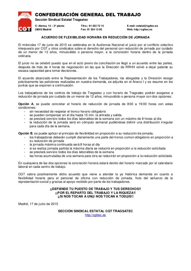 Acuerdo De Flexibilidad Horaria En Reduccion De Jornada