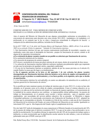 Comunicado cgt congelacion oposiciones cartas a comunidades y ministerio 2012