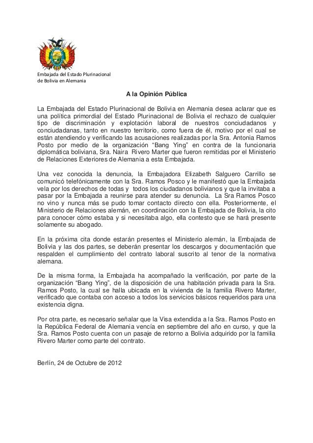 Carta Embajada de Bolivia en Alemania
