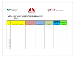 LISTADO DE PARTICIPANTES A LA SESION DE CLAUSURA
SEDE:
N°
1
2
3
4
5
6
7
8
9
10
11
12
13
14
15
16
Nombre del Participante
DNI
Asistencia al 70%
Voucher
Participacion
en Diseño de Participación
Proytecto
en Réplicas