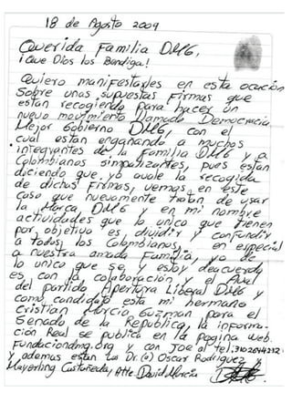 Comunicado De David Murcia Guzman 18 DE AGOSTO DE 2009