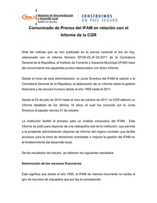 Comunicado de prensa del ifam en relación con el informe de la CGR