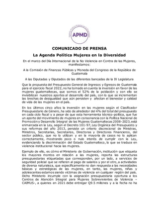 COMUNICADO DE PRENSA
La Agenda Política Mujeres en la Diversidad
En el marco del Día Internacional de la No Violencia en C...