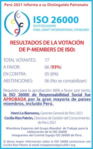 Perú 2021 informa a su Distinguido Patronato



                    ISO 26000
                    ISO/FDIS260000
                    FINAL DRAFT INTERNATIONAL STANDARD



    RESULTADOS DE LA VOTACIÓN
       DE P-MEMBERS DE ISO:
TOTAL VOTANTES:             77
A FAVOR:                    66 (93%)
EN CONTRA:                  05 (6%)
ABSTENCIONES:               06 (No se contabilizan)
Requisito para la aprobación: 66% a favor; por tanto,
la ISO 26000 de Responsabilidad Social fue
APROBADA por la gran mayoría de países
miembros, incluido Perú.

    Henri Le Bienvenu, Gerente General de Perú 2021
Cecilia Rizo Patrón, Directora de Gestión del Conocimiento
                        de Perú 2021
 Miembros Expertos del Grupo Mundial de Trabajo para la
              elaboración de la ISO 26000
    Integrantes del Comité Espejo ISO 26000 de Perú.

Si desea mayor información sobre la ISO 26000 contactarse con
Cecilia Rizo Patrón al email crizopatron@peru2021.org
 