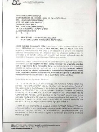 Solicitud de la defensa del Coronel (r) Ejercito Nacional Luis Alfonso Plazas Vega