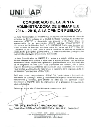Comunicado Junta  UNIMAP EU-clínica-2015
