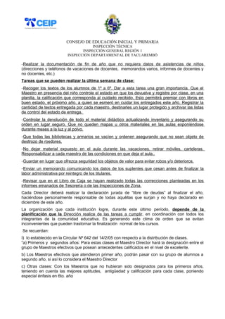 CONSEJO DE EDUCACIÓN INICIAL Y PRIMARIA 
INSPECCIÓN TÉCNICA 
INSPECCIÓN GENERAL REGIÓN 1 
INSPECCIÓN DEPARTAMENTAL DE TACUAREMBÓ 
-Realizar la documentación de fin de año que no requiera datos de asistencias de niños 
(direcciones y teléfonos de vacaciones de docentes, memorandos varios, informes de docentes y 
no docentes, etc.) 
Tareas que se pueden realizar la última semana de clase: 
- Recoger los textos de los alumnos de 1º a 6º. Dar a esta tarea una gran importancia. Que e l 
Maestro en presencia del niño controle el estado en que los devuelve y registre por clase, en una 
planilla, la calificación que corresponda al cuidado recibido. Esto permitirá premiar con libros en 
buen estado, el próximo año, a quien se esmeró en cuidar los entregados este año. Registrar la 
cantidad de textos entregada por cada maestro, destinarles un lugar protegido y archivar las listas 
de control del estado de entrega. 
- Controlar la devolución de todo el material didáctico actualizando inventario y asegurando su 
orden en lugar seguro. Que no queden mapas u otros materiales en las aulas exponiéndose 
durante meses a la luz y al polvo. 
- Que todas las bibliotecas y armarios se vacíen y ordenen asegurando que no sean objeto de 
destrozo de roedores. 
- No dejar material expuesto en el aula durante las vacaciones, retirar móviles, carteleras. 
Responsabilizar a cada maestro de las condiciones en que deja el aula.. 
- Guardar en lugar que ofrezca seguridad los objetos de valor para evitar robos y/o deterioros. 
- Enviar un memorando comunicando los datos de los suplentes que cesan antes de finalizar la 
labor administrativa por reintegro de los titulares. 
- Revisar que en el Libro de Caja se hayan realizado todas las correcciones planteadas en los 
informes emanados de Tesorería o de las Inspecciones de Zona. 
Cada Director deberá realizar la declaración jurada de “libre de deudas” al finalizar el año, 
haciéndose personalmente responsable de todas aquéllas que surjan y no haya declarado en 
diciembre de este año. 
La organización que cada institución logre, durante este último período, depende de la 
planificación que la Dirección realice de las tareas a cumplir , en coordinación con todos los 
integrantes de la comunidad educativa. Es generando este clima de orden que se evitan 
inconvenientes que pueden trastornar la finalización normal de los cursos. 
Se recuerdan: 
I) lo establecido en la Circular Nº 642 del 14/2/05 con respecto a la distribución de clases. 
“a) Primeros y segundos años: Para estas clases el Maestro Director hará la designación entre el 
grupo de Maestros efectivos que posean antecedentes calificados en el nivel de excelente. 
b) Los Maestros efectivos que atendieron primer año, podrán pasar con su grupo de alumnos a 
segundo año, si así lo considera el Maestro Director 
c) Otras clases: Con los Maestros que no hubieran sido designados para los primeros años, 
teniendo en cuenta las mejores aptitudes, antigüedad y calificación para cada clase, poniendo 
especial énfasis en 6to. año 
 