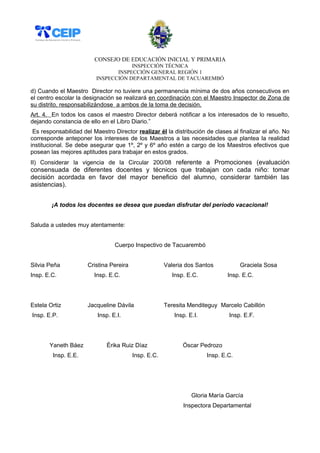 CONSEJO DE EDUCACIÓN INICIAL Y PRIMARIA 
INSPECCIÓN TÉCNICA 
INSPECCIÓN GENERAL REGIÓN 1 
INSPECCIÓN DEPARTAMENTAL DE TACUAREMBÓ 
d) Cuando el Maestro Director no tuviere una permanencia mínima de dos años consecutivos en 
el centro escolar la designación se realizará en coordinación con el Maestro Inspector de Zona de 
su distrito, responsabilizándose a ambos de la toma de decisión. 
Art. 4. En todos los casos el maestro Director deberá notificar a los interesados de lo resuelto, 
dejando constancia de ello en el Libro Diario.” 
Es responsabilidad del Maestro Director realizar él la distribución de clases al finalizar el año. No 
corresponde anteponer los intereses de los Maestros a las necesidades que plantea la realidad 
institucional. Se debe asegurar que 1º, 2º y 6º año estén a cargo de los Maestros efectivos que 
posean las mejores aptitudes para trabajar en estos grados. 
II) Considerar la vigencia de la Circular 200/08 referente a Promociones (evaluación 
consensuada de diferentes docentes y técnicos que trabajan con cada niño: tomar 
decisión acordada en favor del mayor beneficio del alumno, considerar también las 
asistencias). 
¡A todos los docentes se desea que puedan disfrutar del período vacacional! 
Saluda a ustedes muy atentamente: 
Cuerpo Inspectivo de Tacuarembó 
Silvia Peña Cristina Pereira Valeria dos Santos Graciela Sosa 
Insp. E.C. Insp. E.C. Insp. E.C. Insp. E.C. 
Estela Ortiz Jacqueline Dávila Teresita Menditeguy Marcelo Cabillón 
Insp. E.P. Insp. E.I. Insp. E.I. Insp. E.F. 
Yaneth Báez Èrika Ruiz Díaz Óscar Pedrozo 
Insp. E.E. Insp. E.C. Insp. E.C. 
Gloria María García 
Inspectora Departamental 
