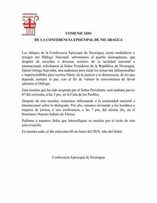 Comunicado de la Conferencia Episcopal de Nicaragua 