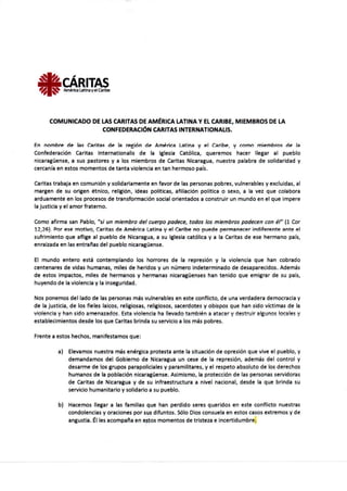 Comunicado de las Cáritas de América Latina y el Caribe ante la situación en Nicaragua