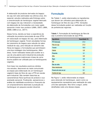 2 Hambúrguer Vegetal de Fibra de Caju e Proteína Texturizada de Soja: Obtenção e Avaliação de Viabilidade Econômica da Produção 
A elaboração de produtos derivados do bagaço 
de caju tem sido estimulada nos últimos anos. Em 
especial, estudos realizados pela Embrapa sobre 
a caracterização de hambúrguer vegetal fabricado 
com bagaço de caju indicaram a necessidade 
de elaboração de formulações com maior apelo 
sensorial e maior teor proteico (LIMA, 2007; LIMA, 
2008; LIMA et al., 2011). 
Dessa forma, decidiu-se fazer a experiência de 
utilização da proteína texturizada de soja (PTS) 
em associação ao bagaço de caju, para elaboração 
de hambúrguer vegetal. Foram estudadas formas 
de tratamento do bagaço para redução do sabor 
residual do caju, para redução do tamanho das 
fibras do bagaço e formulações que permitissem 
uma boa moldagem dos hambúrgueres. Além 
disso, foram realizados testes para avaliar se o 
uso de uma planta semi-industrial de produção 
de hambúrgueres tradicionais à base de carne 
bovina poderia ser utilizada para os hambúrgueres 
vegetais. 
Com base nos resultados positivos obtidos 
nos estudos, descrevem-se neste comunicado 
as etapas para elaboração de um hambúrguer 
vegetal à base de fibra de caju e PTS em escala 
semi-industrial. São também descritas as 
características físico-químicas do produto e sua 
aceitação sensorial. Finalizando, apresenta-se a 
análise da viabilidade econômica e financeira de 
um empreendimento destinado à produção do 
hambúrguer em pequena escala industrial. 
Formulação 
Na Tabela 1, estão relacionados os ingredientes 
que devem ser utilizados para elaboração do 
hambúrguer de fibra de caju e PTS. Variações 
dessa formulação podem ser realizadas em função 
de preferências regionais. 
Tabela 1. Formulação do hambúrguer de fibra de 
caju e proteína texturizada de soja (PTS). 
Ingrediente Quantidade (%) 
PTS hidratada 27,3 
Fibra de caju 27,3 
Tomate 16,4 
Cebola 5,6 
Pimentão 3,1 
Alho 0,9 
Água 8,9 
Sal 1,2 
Óleo de milho 1,0 
Salsa desidratada 0,2 
Pimenta-do-reino em pó 0,1 
Farinha de trigo 8,0 
Na Figura 1, estão relacionadas as etapas 
para obtenção do hambúrguer, assim como os 
equipamentos necessários para realização de cada 
uma das operações. Nos itens a seguir, serão 
detalhadas cada uma dessas etapas. 
 