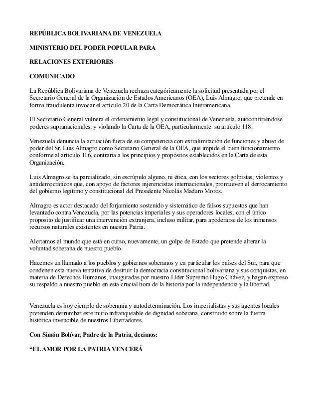 Comunicado Venezuela contra Carta Democrática de la OEA