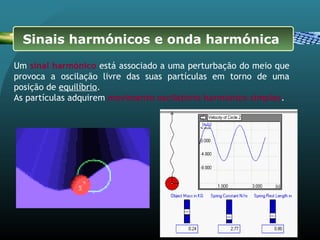 Um sinal harmónico está associado a uma perturbação do meio que
provoca a oscilação livre das suas partículas em torno de uma
posição de equilíbrio.
As partículas adquirem movimento oscilatório harmónico simples.
Sinais harmónicos e onda harmónica
 