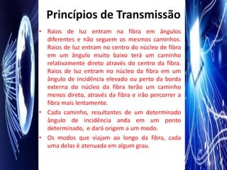 Princípios de Transmissão
• Raios de luz entram na fibra em ângulos
  diferentes e não seguem os mesmos caminhos.
  Raios de luz entram no centro do núcleo de fibra
  em um ângulo muito baixo terá um caminho
  relativamente direto através do centro da fibra.
  Raios de luz entram no núcleo da fibra em um
  ângulo de incidência elevado ou perto da borda
  externa do núcleo da fibra terão um caminho
  menos direto, através da fibra e irão percorrer a
  fibra mais lentamente.
• Cada caminho, resultantes de um determinado
  ângulo de incidência anda em um ponto
  determinado, e dará origem a um modo.
• Os modos que viajam ao longo da fibra, cada
  uma delas é atenuada em algum grau.
 