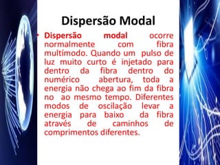 Dispersão Modal
• Dispersão      modal      ocorre
  normalmente        com      fibra
  multímodo. Quando um pulso de
  luz muito curto é injetado para
  dentro da fibra dentro do
  numérico      abertura, toda a
  energia não chega ao fim da fibra
  no ao mesmo tempo. Diferentes
  modos de oscilação levar a
  energia para baixo      da fibra
  através    de    caminhos      de
  comprimentos diferentes.
 