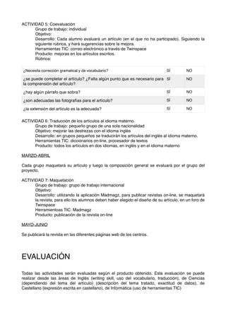 ACTIVIDAD 5: Coevaluación
Grupo de trabajo: individual
Objetivo:
Desarrollo: Cada alumno evaluará un artículo (en el que no ha participado). Siguiendo la
siguiente rúbrica, y hará sugerencias sobre la mejora.
Herramientas TIC: correo electrónico a través de Twinspace
Producto: mejoras en los artículos escritos.
Rúbrica:
ACTIVIDAD 6: Traducción de los artículos al idioma materno.
Grupo de trabajo: pequeño grupo de una sola nacionalidad
Objetivo: mejorar las destrezas con el idioma inglés
Desarrollo: en grupos pequeños se traducirán los artículos del inglés al idioma materno.
Herramientas TIC: diccionarios on-line, procesador de textos
Producto: todos los artículos en dos idiomas, en inglés y en el idioma materno
MARZO-ABRIL
Cada grupo maquetará su artículo y luego la composición general se evaluará por el grupo del
proyecto.
ACTIVIDAD 7: Maquetación
Grupo de trabajo: grupo de trabajo internacional
Objetivo:
Desarrollo: utilizando la aplicación Madmagz, para publicar revistas on-line, se maquetará
la revista, para ello los alumnos deben haber elegido el diseño de su artículo, en un foro de
Twinspace
Herramientoas TIC: Madmagz
Producto: publicación de la revista on-line
MAYO-JUNIO
Se publicará la revista en las diferentes páginas web de los centros.
EVALUACIÓN
Todas las actividades serán evaluadas según el producto obtenido. Esta evaluación se puede
realizar desde las áreas de Inglés (writing skill, uso del vocabulario, traducción), de Ciencias
(dependiendo del tema del artículo) (descripción del tema tratado, exactitud de datos), de
Castellano (expresión escrita en castellano), de Informática (uso de herramientas TIC)
¿Necesita corrección gramatical y de vocabulario? SÍ NO
¿se puede completar el artículo? ¿Falta algún punto que es necesario para
la comprensión del artículo?
SÍ NO
¿hay algún párrafo que sobra? SÍ NO
¿son adecuadas las fotografías para el artículo? SÍ NO
¿la extensión del artículo es la adecuada? SÍ NO
 