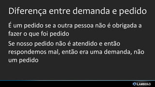 Diferença entre demanda e pedido
É um pedido se a outra pessoa não é obrigada a
fazer o que foi pedido
Se nosso pedido não é atendido e então
respondemos mal, então era uma demanda, não
um pedido
 