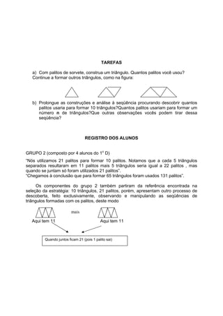 TAREFAS
a) Com palitos de sorvete, construa um triângulo. Quantos palitos você usou?
Continue a formar outros triângulos, como na figura:
b) Prolongue as construções e análise à seqüência procurando descobrir quantos
palitos usaria para formar 10 triângulos?Quantos palitos usariam para formar um
número n de triângulos?Que outras observações vocês podem tirar dessa
seqüência?
REGISTRO DOS ALUNOS
GRUPO 2 (composto por 4 alunos do 1o
D)
“Nós utilizamos 21 palitos para formar 10 palitos. Notamos que a cada 5 triângulos
separados resultaram em 11 palitos mais 5 triângulos seria igual a 22 palitos , mas
quando se juntam só foram utilizados 21 palitos”.
“Chegamos à conclusão que para formar 65 triângulos foram usados 131 palitos”.
Os componentes do grupo 2 também partiram da referência encontrada na
seleção da estratégia: 10 triângulos, 21 palitos, porém, apresentam outro processo de
descoberta, feito exclusivamente, observando e manipulando as seqüências de
triângulos formadas com os palitos, deste modo
Aqui tem 11 Aqui tem 11
mais
Quando juntos ficam 21 (pois 1 palito sai)
 