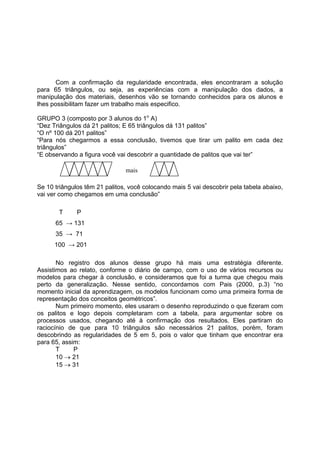 Com a confirmação da regularidade encontrada, eles encontraram a solução
para 65 triângulos, ou seja, as experiências com a manipulação dos dados, a
manipulação dos materiais, desenhos vão se tornando conhecidos para os alunos e
lhes possibilitam fazer um trabalho mais especifico.
GRUPO 3 (composto por 3 alunos do 1o
A)
“Dez Triângulos dá 21 palitos; E 65 triângulos dá 131 palitos”
“O nº 100 dá 201 palitos”
“Para nós chegarmos a essa conclusão, tivemos que tirar um palito em cada dez
triângulos”
“E observando a figura você vai descobrir a quantidade de palitos que vai ter”
Se 10 triângulos têm 21 palitos, você colocando mais 5 vai descobrir pela tabela abaixo,
vai ver como chegamos em uma conclusão”
T P
65 → 131
35 → 71
100 → 201
No registro dos alunos desse grupo há mais uma estratégia diferente.
Assistimos ao relato, conforme o diário de campo, com o uso de vários recursos ou
modelos para chegar à conclusão, e consideramos que foi a turma que chegou mais
perto da generalização. Nesse sentido, concordamos com Pais (2000, p.3) “no
momento inicial da aprendizagem, os modelos funcionam como uma primeira forma de
representação dos conceitos geométricos”.
Num primeiro momento, eles usaram o desenho reproduzindo o que fizeram com
os palitos e logo depois completaram com a tabela, para argumentar sobre os
processos usados, chegando até à confirmação dos resultados. Eles partiram do
raciocínio de que para 10 triângulos são necessários 21 palitos, porém, foram
descobrindo as regularidades de 5 em 5, pois o valor que tinham que encontrar era
para 65, assim:
T P
10 → 21
15 → 31
mais
 