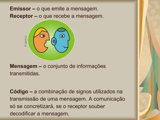 Emissor –  o que emite a mensagem.  Receptor –  o que recebe a mensagem.  Mensagem –  o conjunto de informações transmitidas.  Código –  a combinação de signos utilizados na transmissão de uma mensagem. A comunicação só se concretizará, se o receptor souber decodificar a mensagem.  