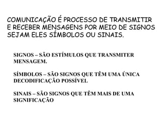 COMUNICAÇÃO É PROCESSO DE TRANSMITIR E RECEBER MENSAGENS POR MEIO DE SIGNOS SEJAM ELES SÍMBOLOS OU SINAIS. SIGNOS – SÃO ESTÍMULOS QUE TRANSMITER  MENSAGEM. SÍMBOLOS – SÃO SIGNOS QUE TÊM UMA ÚNICA  DECODIFICAÇÃO POSSÍVEL SINAIS – SÃO SIGNOS QUE TÊM MAIS DE UMA  SIGNIFICAÇÃO 