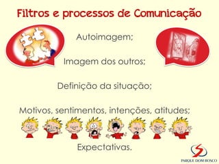 Filtros e processos de Comunicação

             Autoimagem;

          Imagem dos outros;

         Definição da situação;

Motivos, sentimentos, intenções, atitudes;



              Expectativas.
 