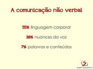 A comunicação não verbal

   55% linguagem corporal

     38% nuances da voz

   7% palavras e conteúdos
 
