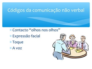 Códigos da comunicação não verbal


∗ Contacto “olhos nos olhos”
∗ Expressão facial
∗ Toque
∗ A voz
 