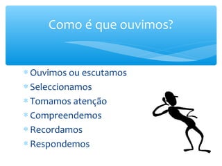 Como é que ouvimos?


∗ Ouvimos ou escutamos
∗ Seleccionamos
∗ Tomamos atenção
∗ Compreendemos
∗ Recordamos
∗ Respondemos
 