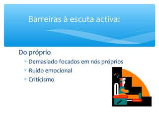 Barreiras à escuta activa:


Do próprio
 ∗ Demasiado focados em nós próprios
 ∗ Ruído emocional
 ∗ Criticismo
 