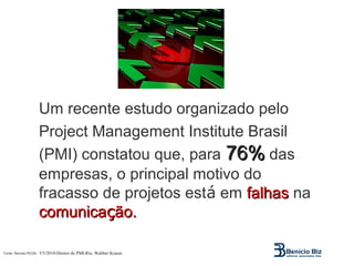 Um recente estudo organizado pelo
                       Project Management Institute Brasil
                       (PMI) constatou que, para 76% das
                       empresas, o principal motivo do
                       fracasso de projetos está em falhas na
                       comunicação.

Fonte: Revista PEGN-   5/5/2010-Diretor do PMI-Rio, Walther Krause
 