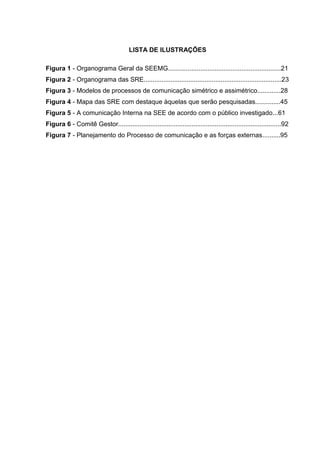 9

LISTA DE ILUSTRAÇÕES
Figura 1 - Organograma Geral da SEEMG...............................................................21
Figura 2 - Organograma das SRE.............................................................................23
Figura 3 - Modelos de processos de comunicação simétrico e assimétrico.............28
Figura 4 - Mapa das SRE com destaque àquelas que serão pesquisadas..............45
Figura 5 - A comunicação Interna na SEE de acordo com o público investigado...61
Figura 6 - Comitê Gestor...........................................................................................92
Figura 7 - Planejamento do Processo de comunicação e as forças externas..........95

 