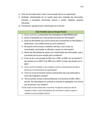 115

e) Início da discussão sobre o tema: Comunicação interna na organização;
f)

Avaliação: Apresentação de um quadro geral para avaliação das discussões,
emoções e sensações promovidas durante a sessão. Registrar aspectos
relevantes;

g) Fechamento: agradecimento e distribuição de um lanche.

Guia Temático para os Grupos Focais
1) Como você toma conhecimento das orientações da SEE/SRE/Escola?
2) Quais as facilidades que você percebe de acesso às informações?
3) Quais as dificuldades que você encontra para compreender as informações e
desenvolver o seu trabalho tendo-as como referência?
4) De quando você começou a trabalhar, até hoje, o que mudou na
comunicação, para facilitar ou dificultar o acesso às informações?
5) Diante das dificuldades de acesso e/ou interpretação das informações, qual a
sua atitude para buscar solução para o problema?
6) Como se dá a comunicação da SEE com a SRE, da SRE com as escolas? E
das escolas com a SRE? E da SRE com a SEE? E ainda, das escolas com a
SEE?
7) Como você foi recebido no seu trabalho e tomou conhecimento de toda a
estrutura e funcionamento da organização?
8) Como os novos funcionários tomam conhecimento das suas atribuições e
como são integrados à equipe?
9)

Na sua opinião, porque muitos professores e funcionários da SEE, SRE e
escolas têm dificuldades em conhecer e entender as legislações e as normas
que direcionam o seu trabalho?

10) De todas as discussões até o momento, há alguma coisa que não foi
exposta e sobre a qual você gostaria de conversar ou algo a sugerir a
respeito da comunicação interna?

 