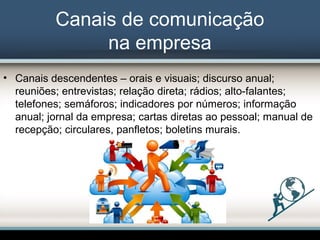 Canais de comunicação
na empresa
• Canais descendentes – orais e visuais; discurso anual;
reuniões; entrevistas; relação direta; rádios; alto-falantes;
telefones; semáforos; indicadores por números; informação
anual; jornal da empresa; cartas diretas ao pessoal; manual de
recepção; circulares, panfletos; boletins murais.
 