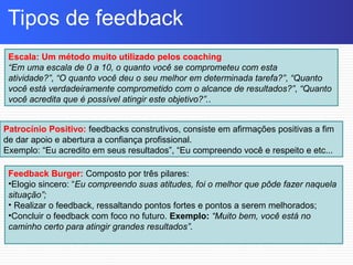 Escala: Um método muito utilizado pelos coaching
“Em uma escala de 0 a 10, o quanto você se comprometeu com esta
atividade?”, “O quanto você deu o seu melhor em determinada tarefa?”, “Quanto
você está verdadeiramente comprometido com o alcance de resultados?”, “Quanto
você acredita que é possível atingir este objetivo?”..
Patrocínio Positivo: feedbacks construtivos, consiste em afirmações positivas a fim
de dar apoio e abertura a confiança profissional.
Exemplo: “Eu acredito em seus resultados”, “Eu compreendo você e respeito e etc...
Feedback Burger: Composto por três pilares:
•Elogio sincero: “Eu compreendo suas atitudes, foi o melhor que pôde fazer naquela
situação”;
• Realizar o feedback, ressaltando pontos fortes e pontos a serem melhorados;
•Concluir o feedback com foco no futuro. Exemplo: “Muito bem, você está no
caminho certo para atingir grandes resultados”.
Tipos de feedback
 
