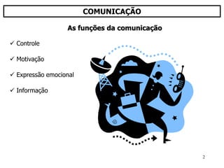 2
COMUNICAÇÃO
 Controle
 Motivação
 Expressão emocional
 Informação
As funções da comunicação
 