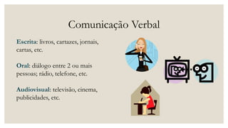 Comunicação Verbal
Escrita: livros, cartazes, jornais,
cartas, etc.
Oral: diálogo entre 2 ou mais
pessoas; rádio, telefone, etc.
Audiovisual: televisão, cinema,
publicidades, etc.
 