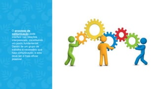 ◦ O processo de
comunicação pode
interferir nas relações
interpessoais, constituindo
um ponto fundamental.
Dentro de um grupo de
trabalho é necessário que
haja comunicação, e esta
deve ser o mais eficaz
possível.
 
