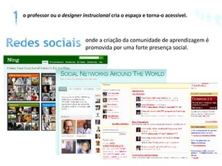 o professor ou  o designer   instrucional  cria o espaço e torna-o acessível. onde a criação da comunidade de aprendizagem é  promovida por uma forte presença social. 