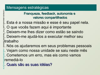 Mensagens estratégicas . Esta é a nossa missão e esse é seu papel nela. . O que vocês fazem aqui é importante . Deixem-me lhes dizer como estão se saindo . Deixem-me ajudá-los a executar melhor seu trabalho . Nós os ajudaremos em seus problemas pessoais . Vejam como nossa unidade se saiu neste mês . Cometemos um erro, mas eis como vamos remediá-lo .  Quais são as suas idéias? Franqueza, feedback, autonomia e  valores compartilhados 