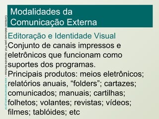 Modalidades da  Comunicação Externa Editoração e Identidade Visual Conjunto de canais impressos e eletrônicos que funcionam como suportes dos programas. Principais produtos: meios eletrônicos; relatórios anuais, “folders”; cartazes; comunicados; manuais; cartilhas; folhetos; volantes; revistas; vídeos; filmes; tablóides; etc 