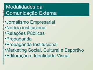 Modalidades da  Comunicação Externa Jornalismo Empresarial  Notícia institucional Relações Públicas Propaganda Propaganda Institucional Marketing Social, Cultural e Esportivo Editoração e Identidade Visual 