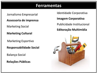 Assessoria de imprensa
Marketing Social
Marketing Cultural
Marketing Esportivo
Responsabilidade Social
Jornalismo Empresarial
Balanço Social
Identidade Corporativa
Imagem Corporativa
Publicidade Institucional
Editoração Multimídia
Relações Públicas
Ferramentas
 