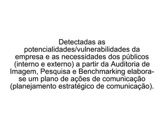 Detectadas as potencialidades/vulnerabilidades da empresa e as necessidades dos públicos (interno e externo) a partir da Auditoria de Imagem, Pesquisa e Benchmarking elabora-se um plano de ações de comunicação (planejamento estratégico de comunicação). 