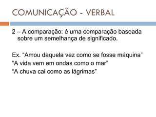 COMUNICAÇÃO - VERBAL 2 – A comparação: é uma comparação baseada sobre um semelhança de significado. Ex. “Amou daquela vez como se fosse máquina” “ A vida vem em ondas como o mar” “ A chuva cai como as lágrimas” 