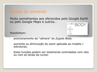 Botões de comando
Muito semelhantes aos oferecidos pelo Google Earth
ou pelo Google Maps e outros…


Possibilitam:

•   posicionamento da “câmara” do Zygote Body.

•   aumento ou diminuição do zoom aplicado ao modelo /
    estruturas.

•   Estas funções podem ser totalmente controladas com rato
    ou com as teclas do cursor.
 