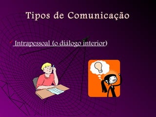 Tipos de ComunicaçãoTipos de Comunicação
 Intrapessoal (o diálogo interior)
 