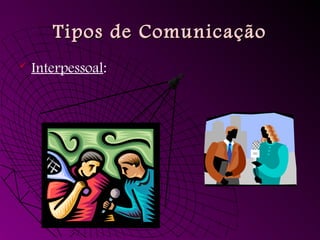 Tipos de ComunicaçãoTipos de Comunicação
 Interpessoal:
 