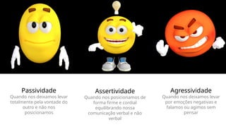 Passividade
Quando nos deixamos levar
totalmente pela vontade do
outro e não nos
posicionamos
Assertividade
Quando nos posicionamos de
forma firme e cordial
equilibrando nossa
comunicação verbal e não
verbal
Agressividade
Quando nos deixamos levar
por emoções negativas e
falamos ou agimos sem
pensar
 